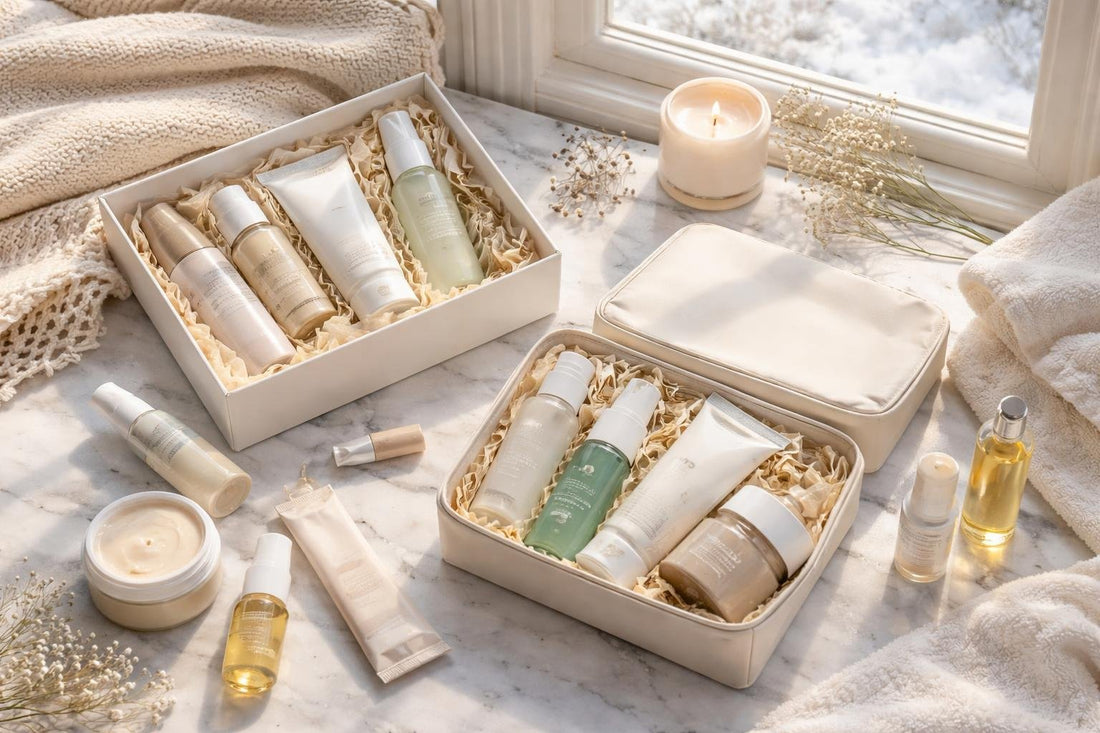 flatlay of skin care sets for Toronto winter