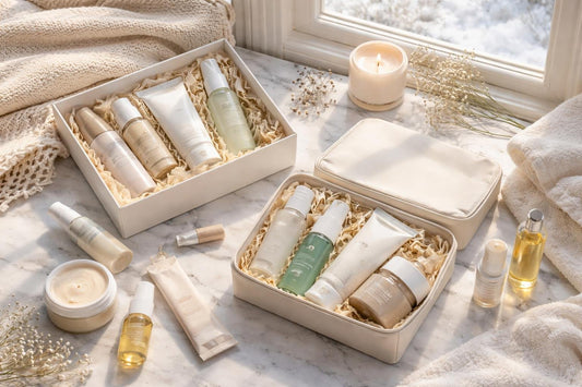 flatlay of skin care sets for Toronto winter