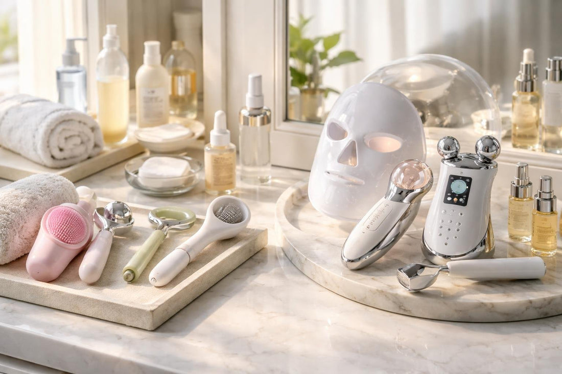 Beginner and pro skin care tools on a vanity