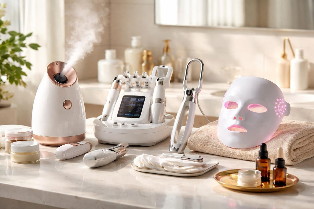 professional skin care tools laid out on counter