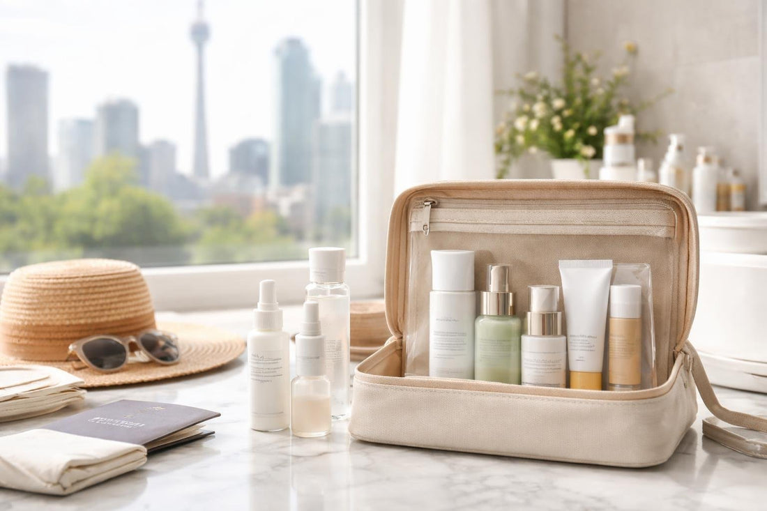 traveler organizing skin care sets for Toronto trip
