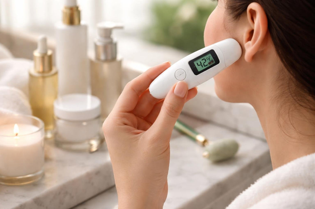 Handheld skin moisture analyzer checking cheek hydration at home