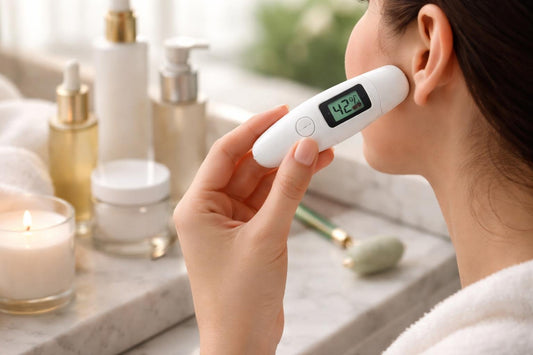Handheld skin moisture analyzer checking cheek hydration at home