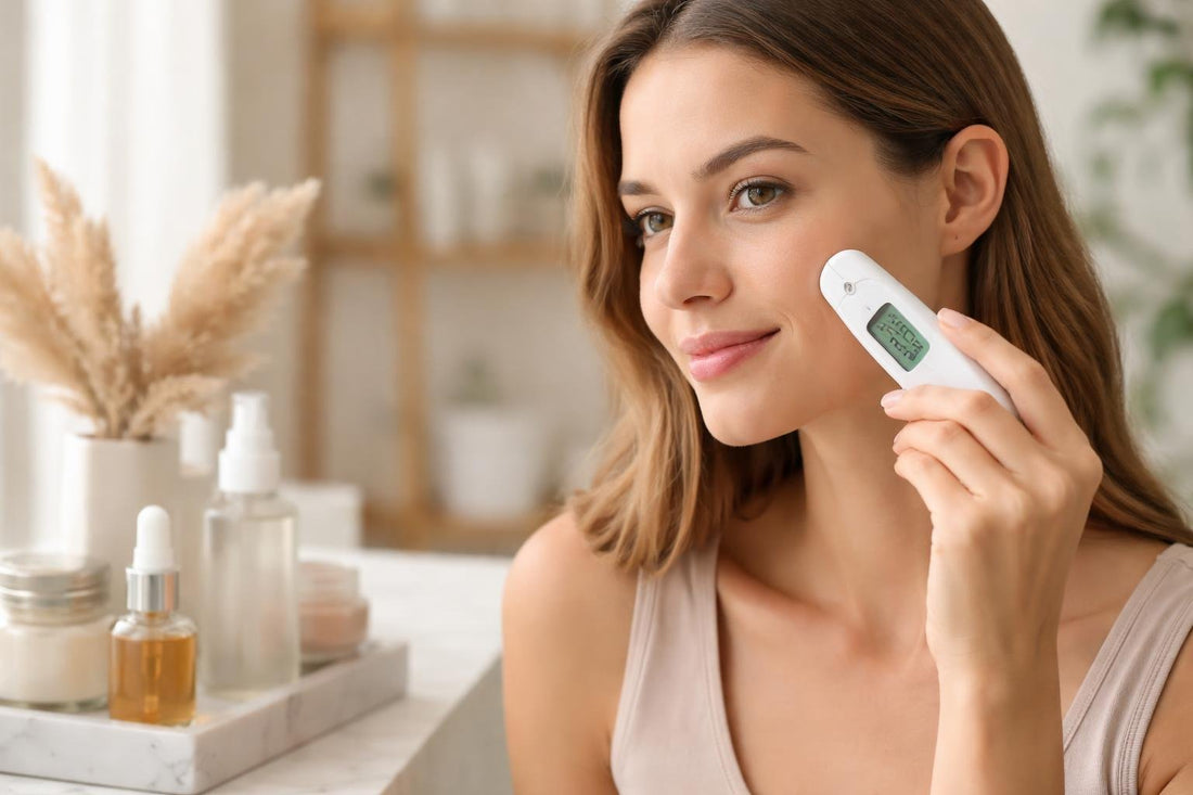 Beginner using a skin moisture analyzer on cheek at home