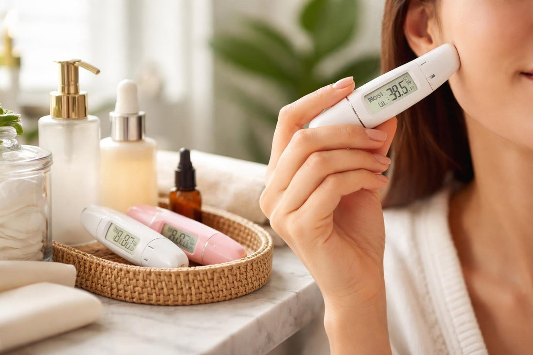 Handheld skin moisture analyzer measuring cheek hydration