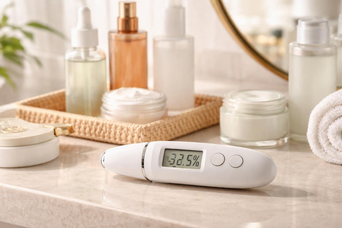Handheld skin moisture analyzer on Toronto bathroom counter
