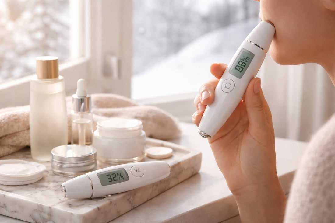 Handheld skin moisture analyzer being used in winter