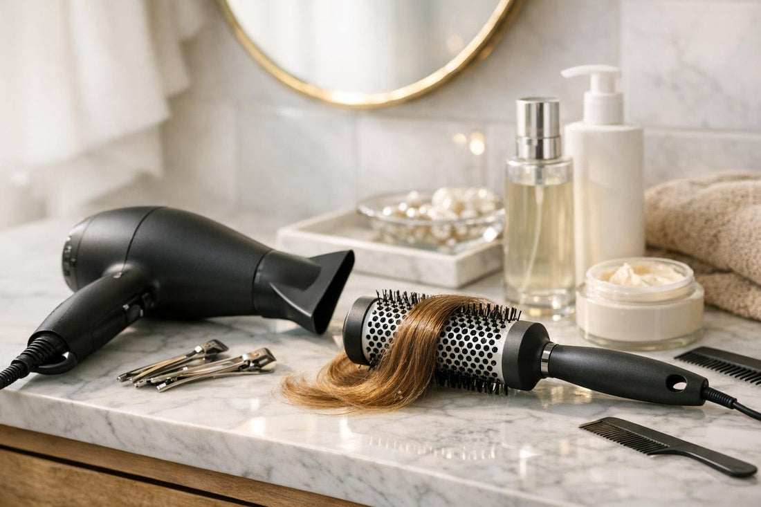 At-home smooth blowout using dryer, nozzle, and round brush