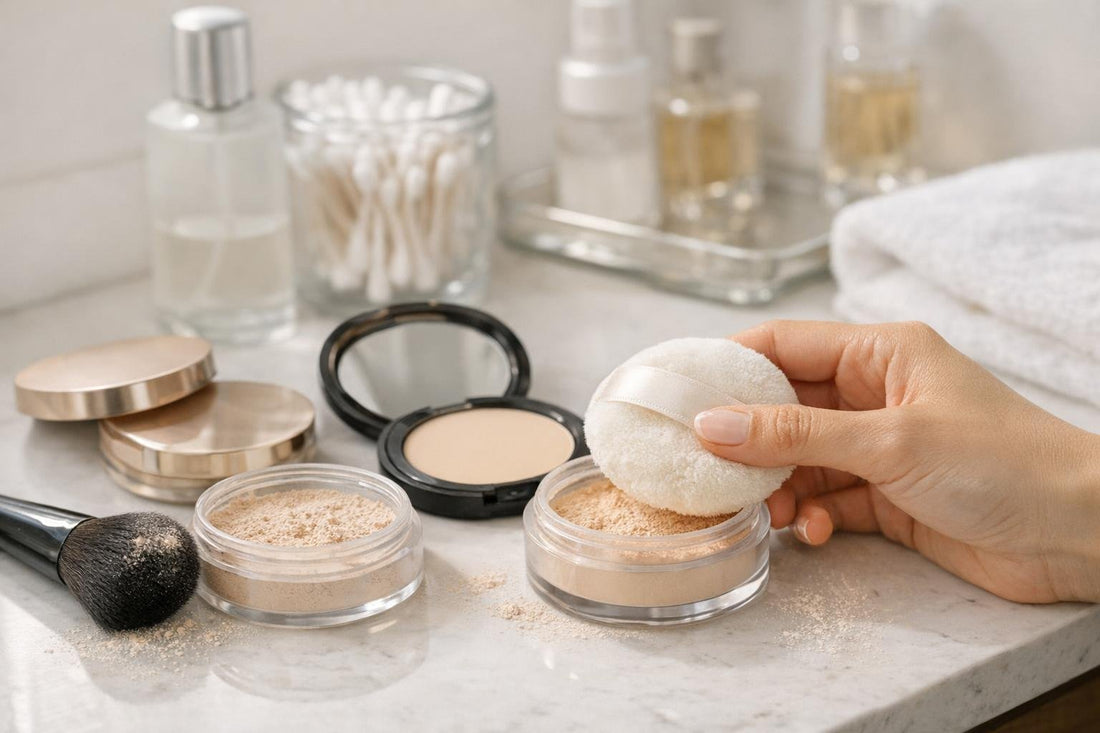 Applying face powder with puff for smooth matte finish