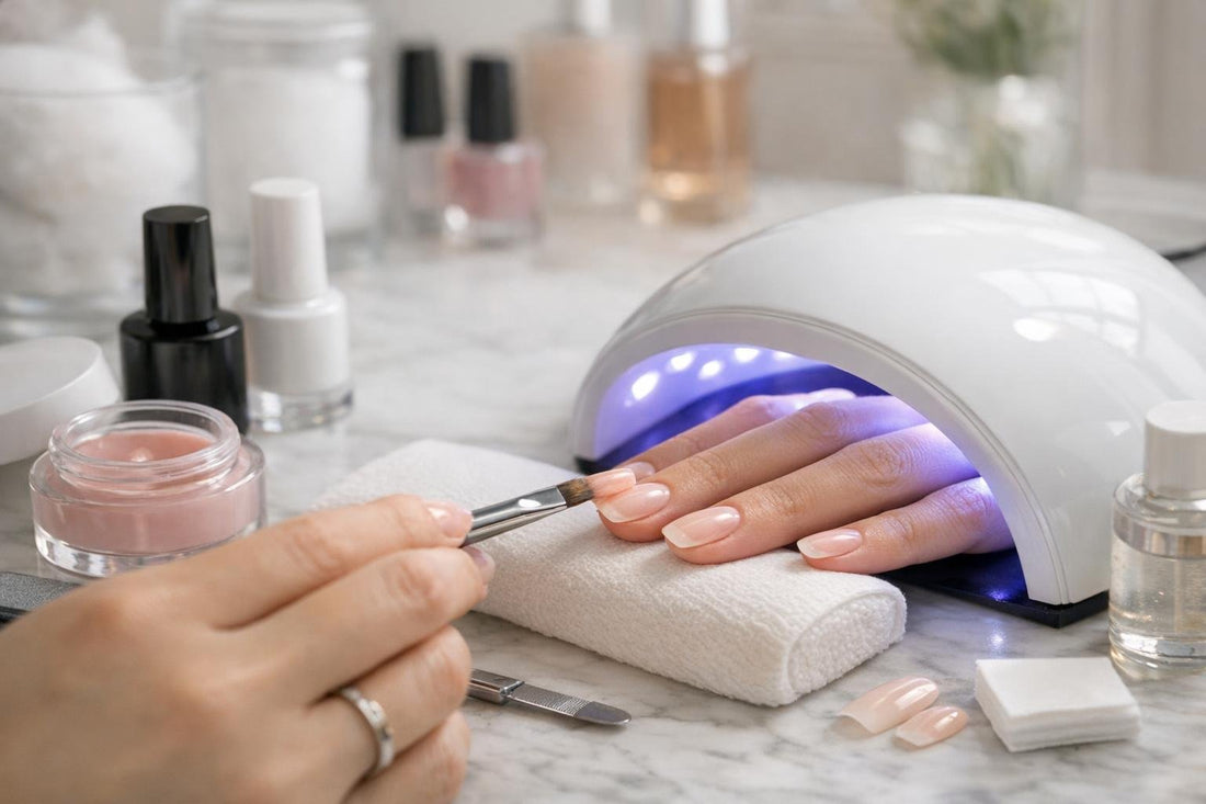 Applying false nail gels smoothly under an LED lamp