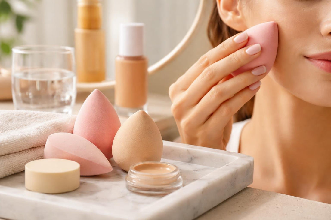 Hands blending with a damp makeup sponge