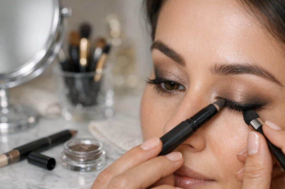 Smudge-proof combination eye liner and shadow application close-up