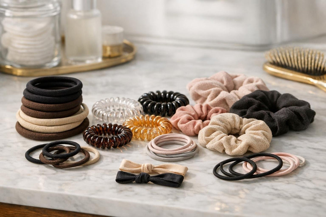 Assorted snag-free hair elastics and ties on table