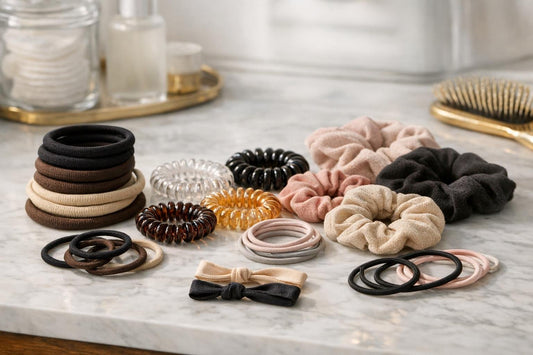Assorted snag-free hair elastics and ties on table
