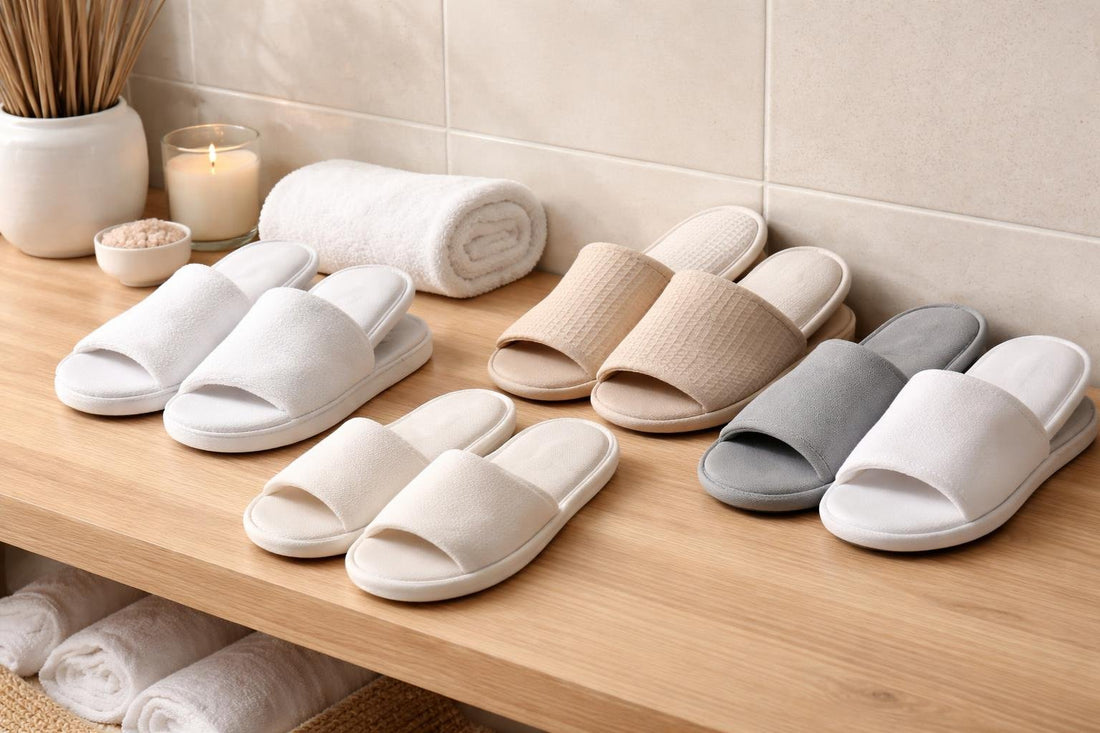 Assorted professional spa slippers on shelf in Canadian salon