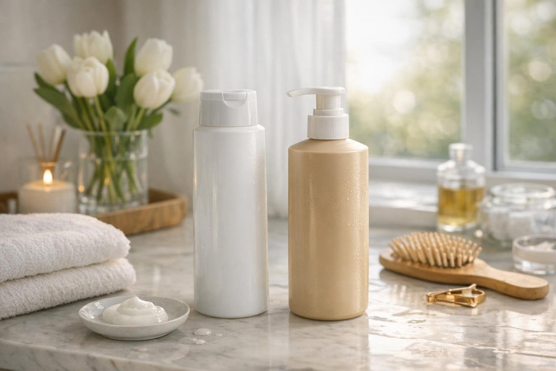 2 in 1 shampoo and conditioner bottles in spring bathroom
