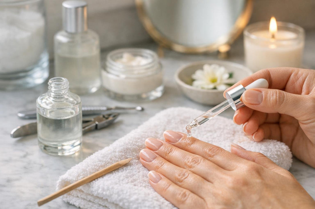Cuticle removing fluid applied for smooth spring nail prep