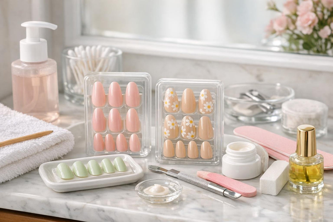 Spring press-on false nails with at-home manicure tools