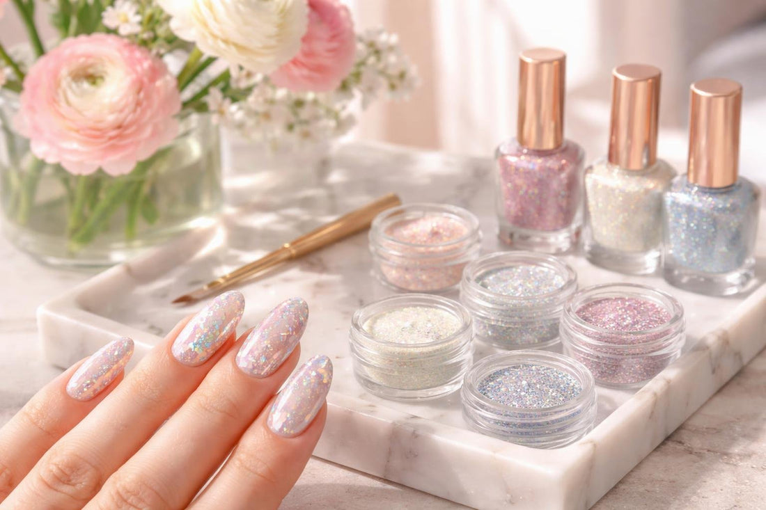 Spring manicure with holographic glitter accents on nails