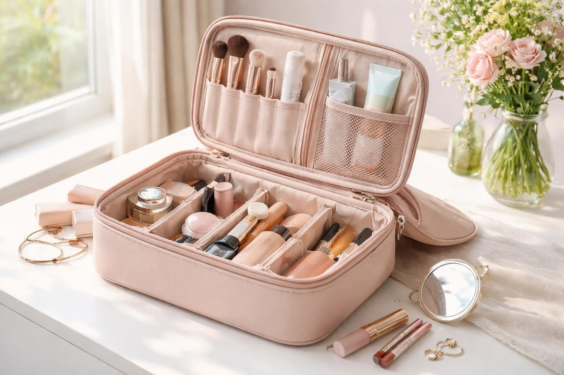 Spring makeup bag with organized compartments for travel essentials