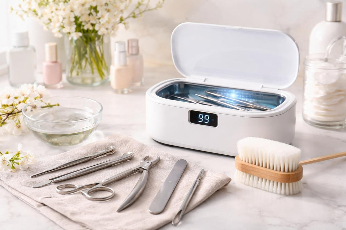 Spring nail tools beside compact sterilizer and cleaning brush