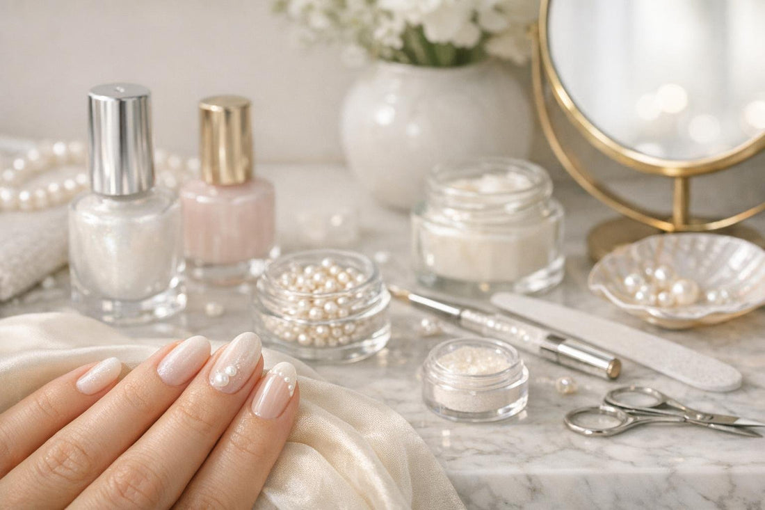 Pearly spring nail art with soft ivory shimmer