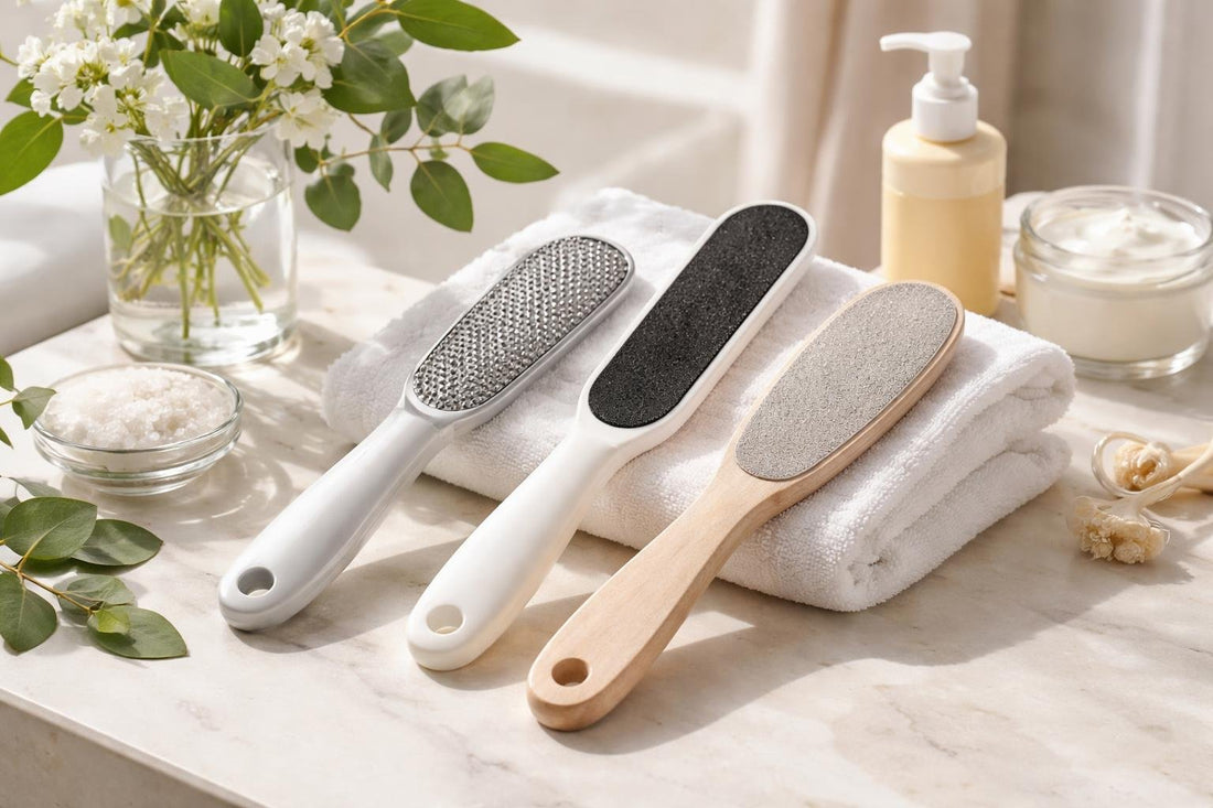 Professional foot file smoothing dry heels for spring care