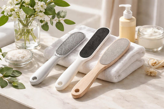 Professional foot file smoothing dry heels for spring care