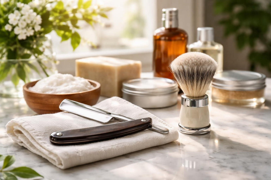 Straight shaving razor and brush for spring grooming