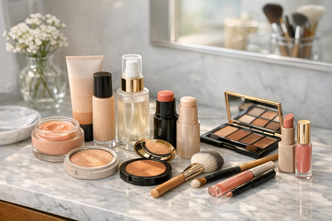 Fresh spring-summer makeup essentials laid out with and tools