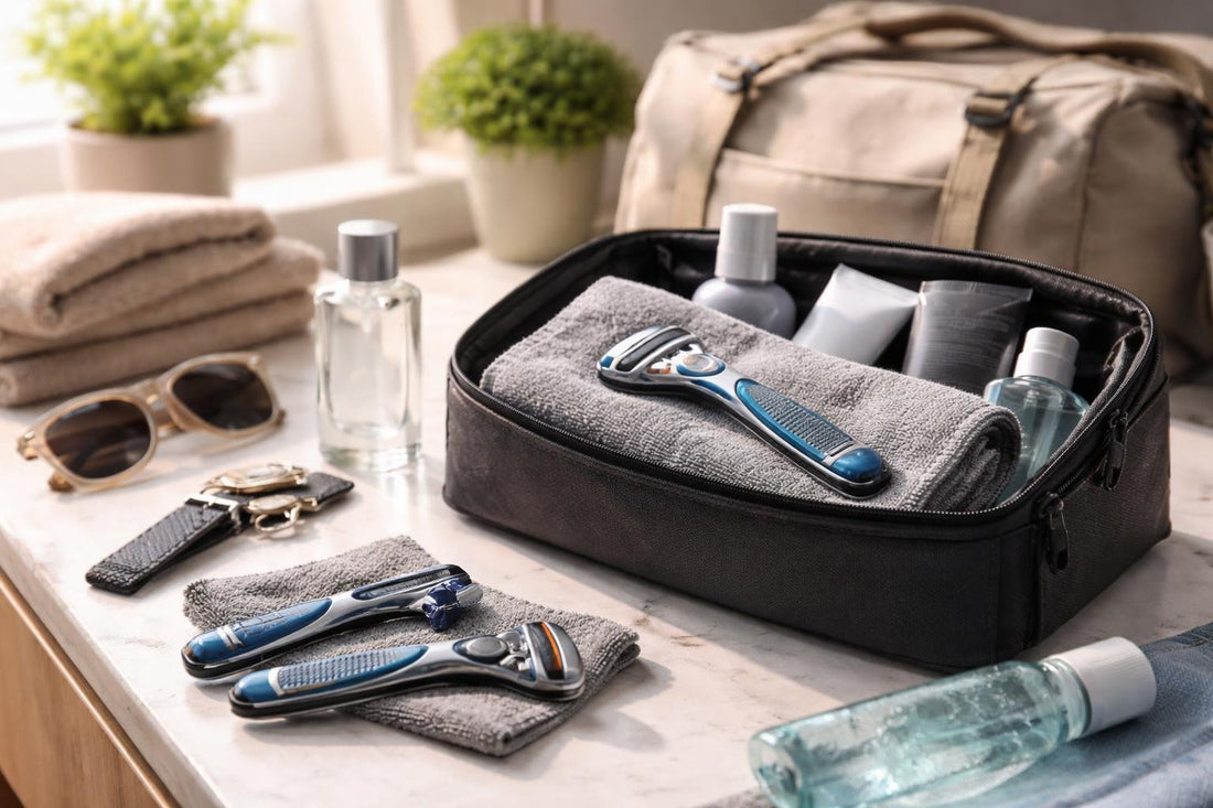Men packing disposable shaving razors for spring travel