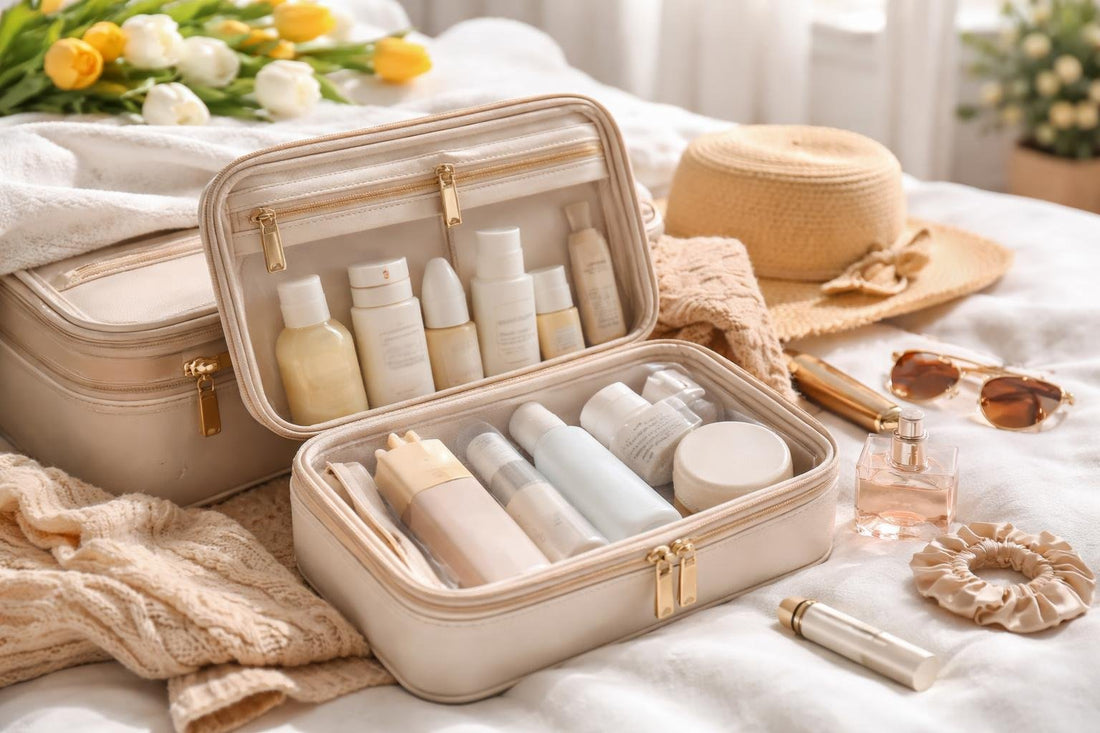 Organized travel toiletry kit packed for spring weekend trip