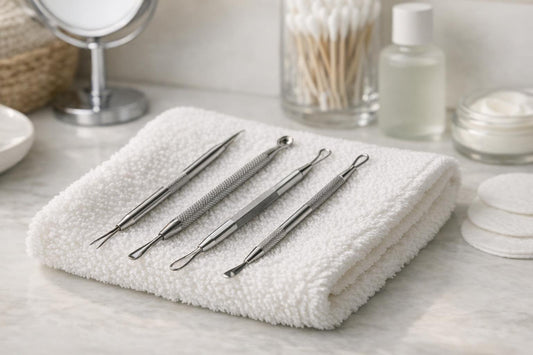Stainless steel blackhead extractor tools on a clean towel