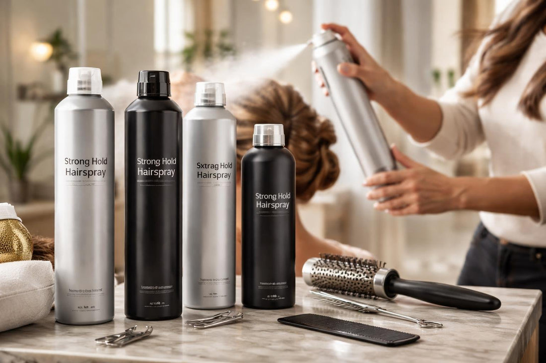 salon stylist spraying strong-hold hairspray
