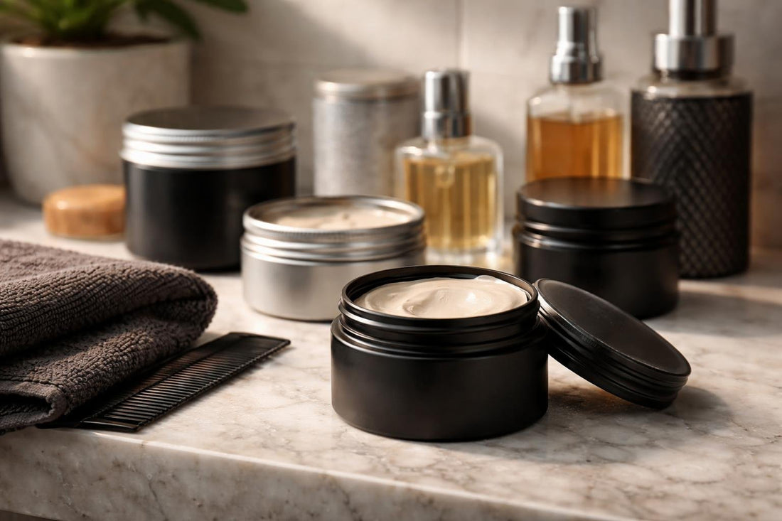 Strong hold low shine pomade applied to short hair
