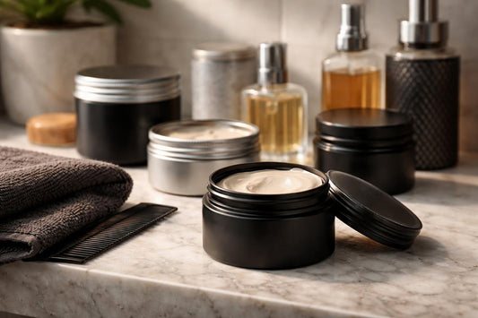 Strong hold low shine pomade applied to short hair