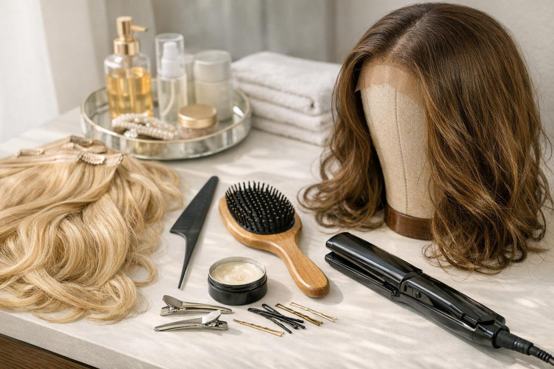 Styling wig and hair extensions with comb and clips