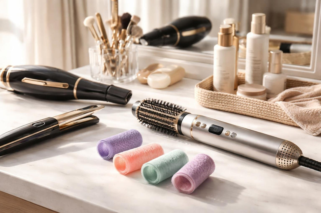 Home stylist using air styler and foam rollers