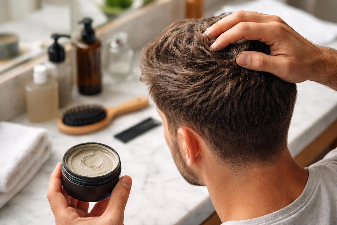 Hands applying matte styling clay to short textured hair