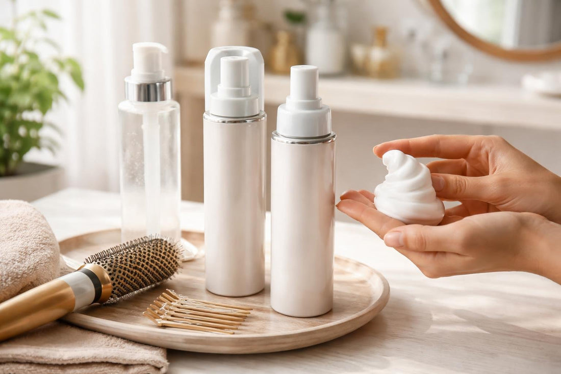 Styling foam applied to damp hair for smooth volume
