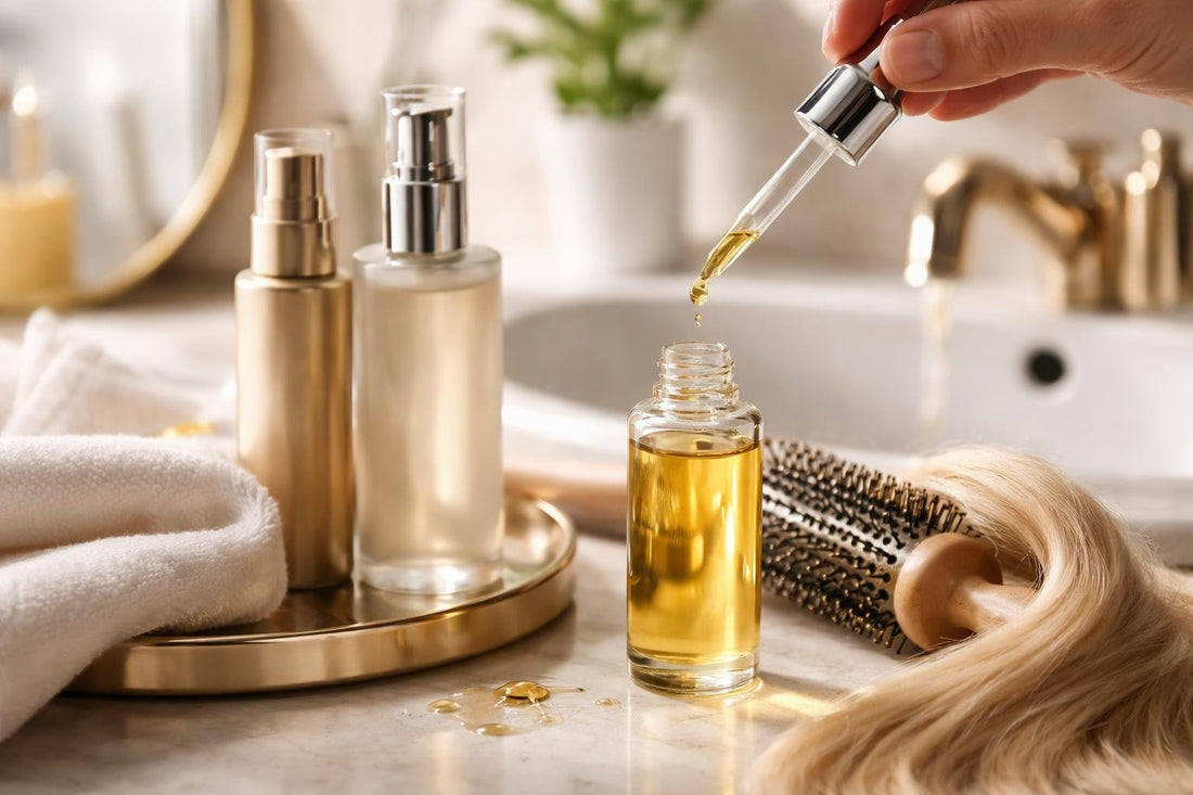 Professional hair styling oil applied for sleek blowout shine