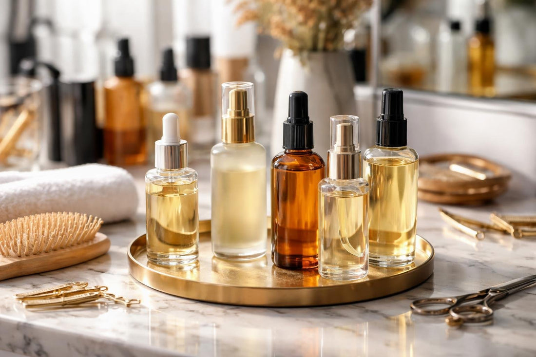 Professional hair styling oils on salon counter Ontario