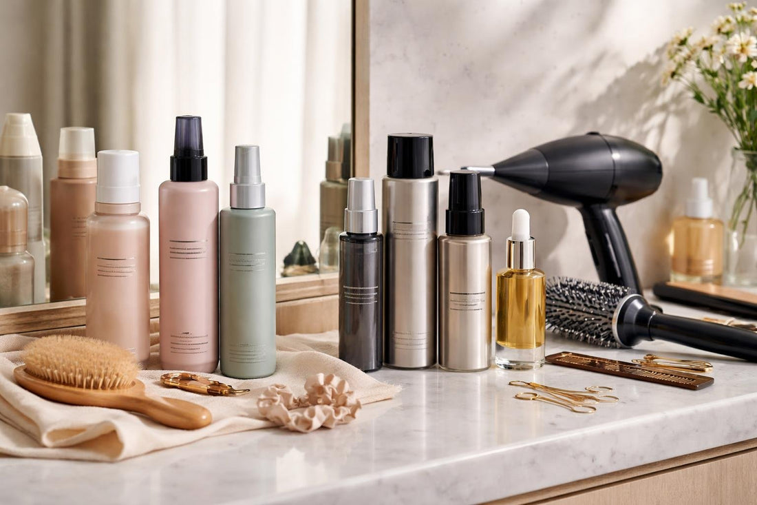 Professional styling products arranged for beginner and pro routines