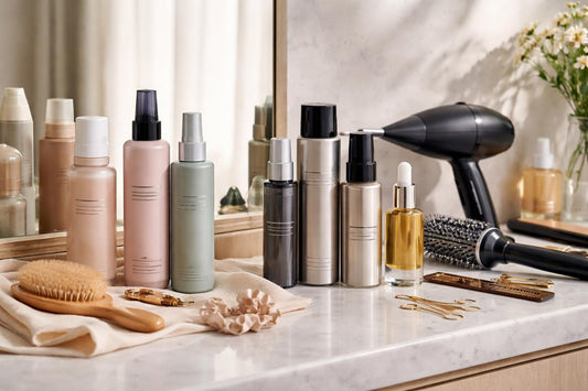Professional styling products arranged for beginner and pro routines