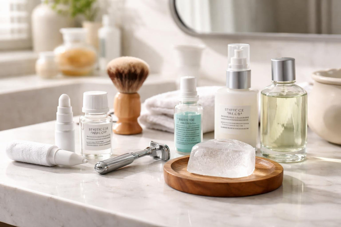 styptic shaving products vs on bathroom counter