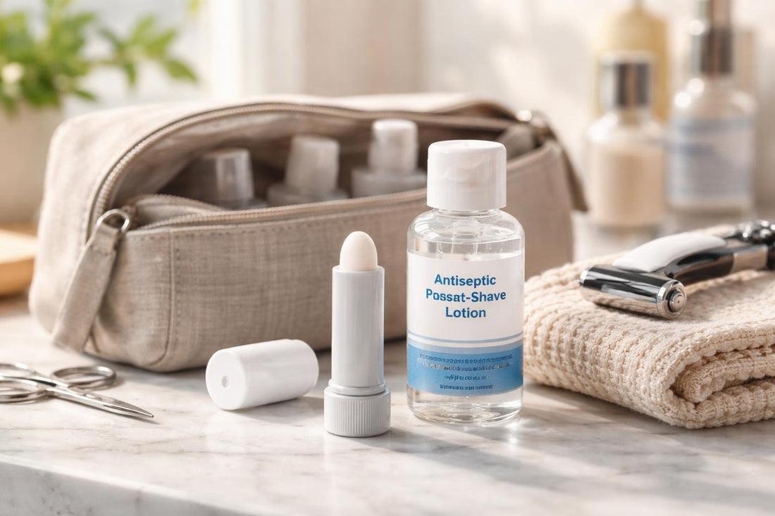 Travel styptic pencil and antiseptic post-shave lotion