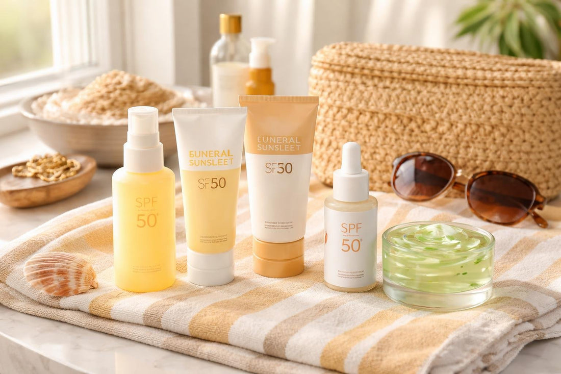 Sun skin care essentials on Canadian beach towel