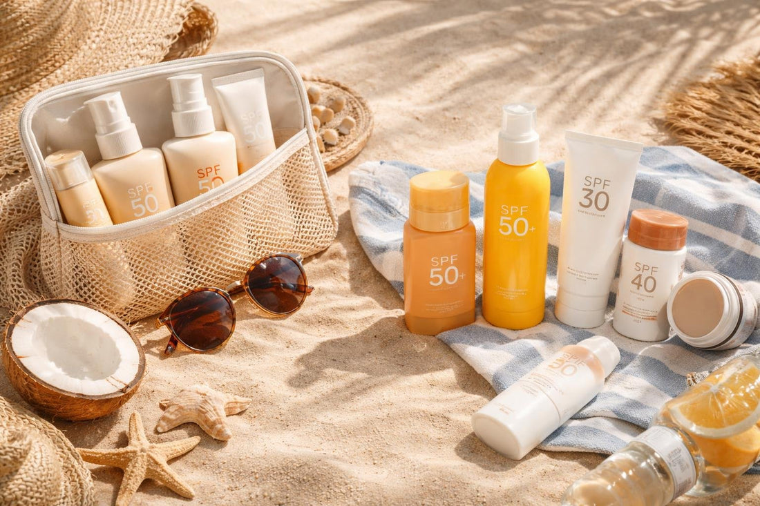 Sunscreen options and beach essentials on sand