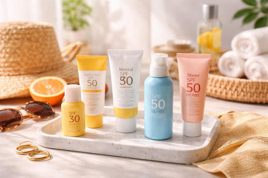 Travel-size sunscreen tubes and bottles for summer
