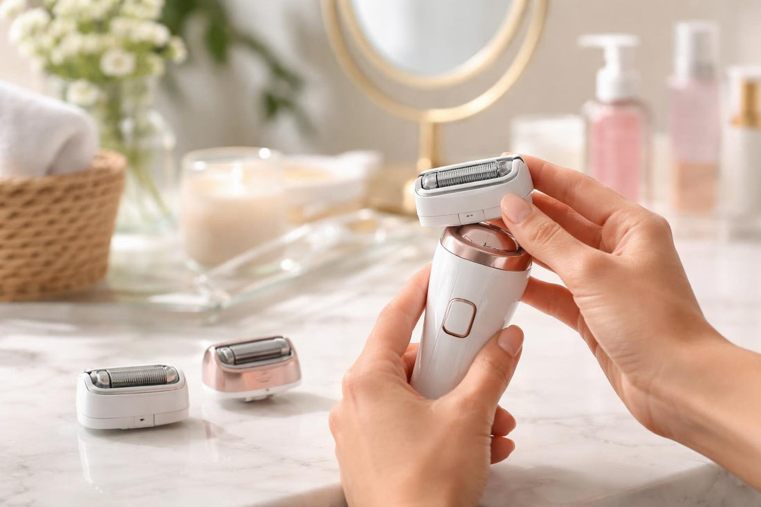 Woman changing electric shaver replacement head safely
